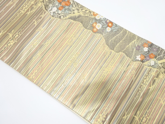 リサイクル　よろけ縞に草花・流水模様織り出し袋帯